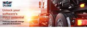 heavy-duty red truck driving on a road featuring Pluss Software LLC logo