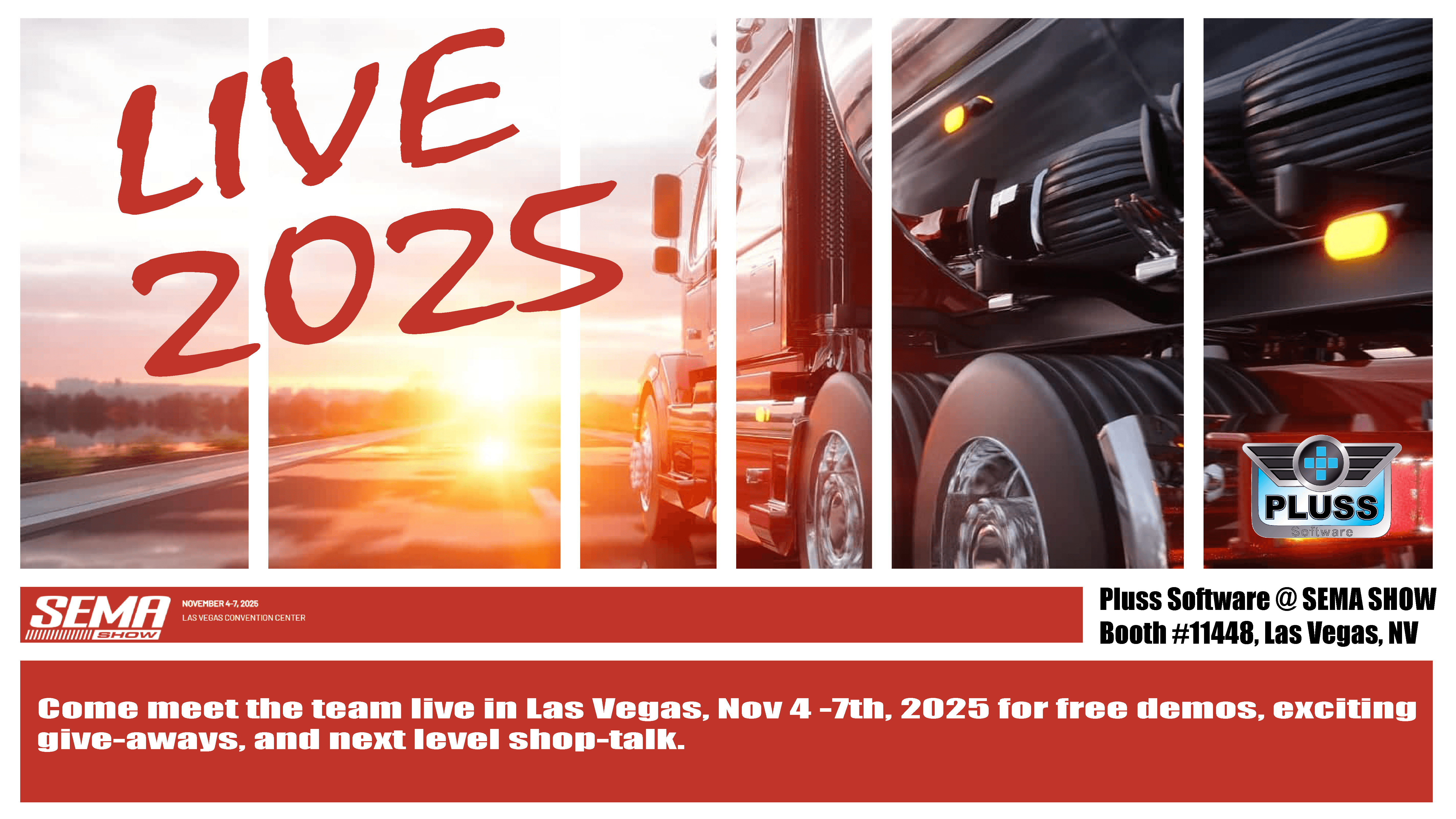 sema-banners-01 Red heavy-duty semi truck driving on a highway into the sunset