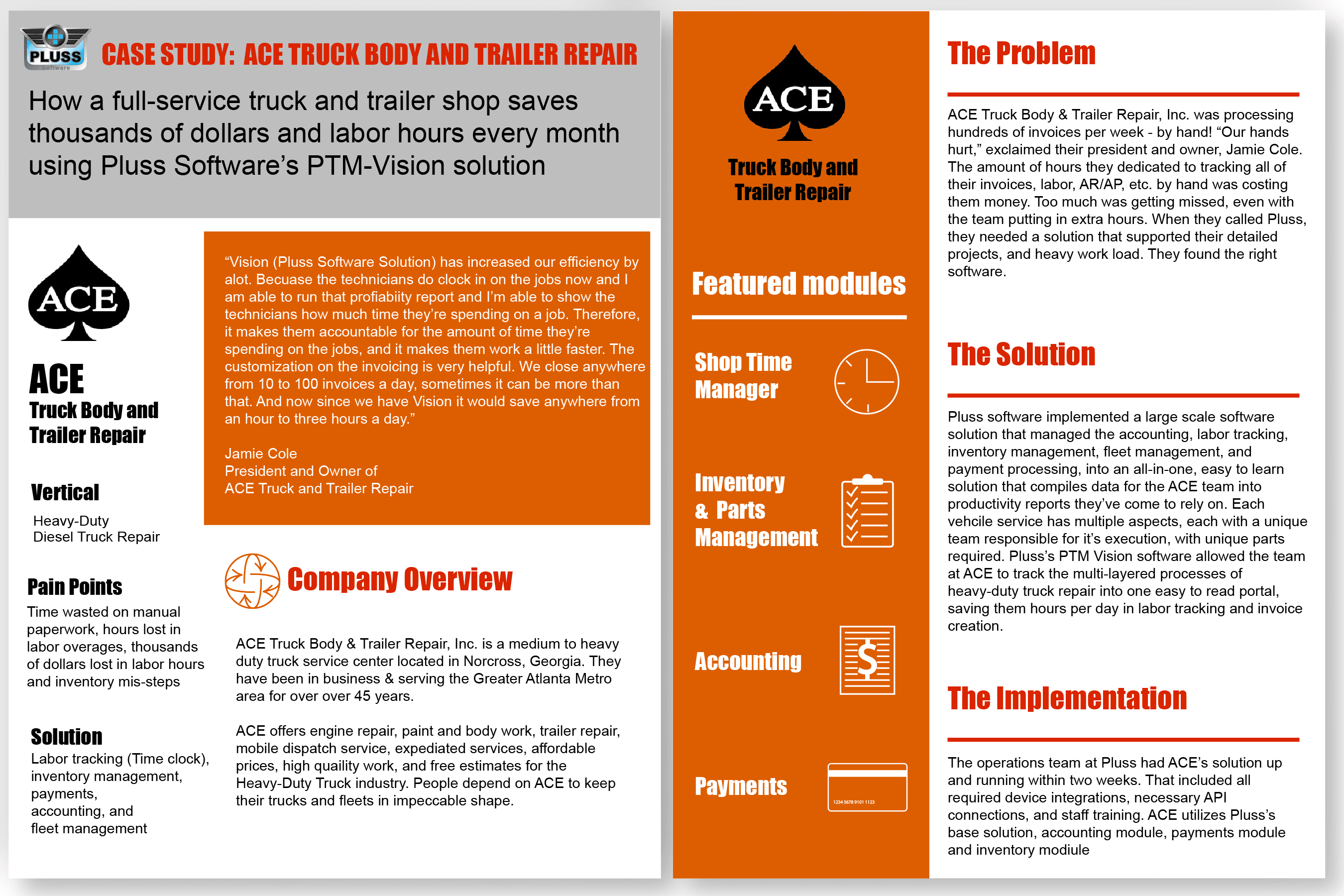 Case Study for ACE Truck Body and Trailer Repair and the Pluss Software partnership detailing the conditions of their partnership, and the success they've shared